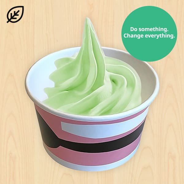 Green apple ice cream. Plant food symbol tag at top left corner of the thumbnail and sustainability message 