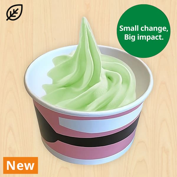 Green apple ice cream with NEW tag. Plant food symbol tag at top left corner of the thumbnail and sustainability message 