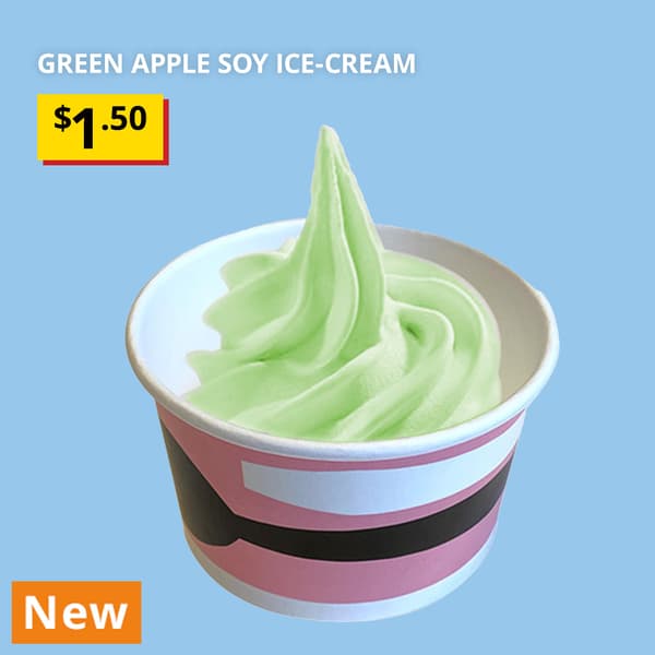 Green apple soy ice cream with $1.50 lowest price tagging and orange 'NEW' tag.