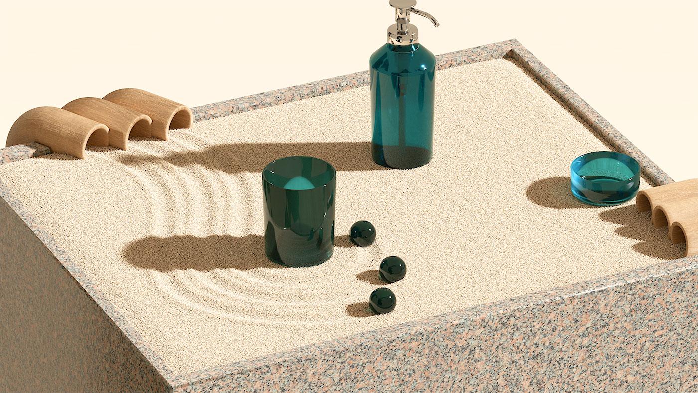 Green-glass SKISSEN soap dispenser, toothbrush holder and tray on a podium of swirled sand, against a yellow background.