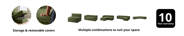 Green modular sofa with built-in storage and removable covers shown in close-up. Modular units displayed in five different configurations from single seat to L-shape. Text reads 'Storage & removable covers' and 'Multiple combinations to suit your space'. Icon on the right says '10 Year warranty'.