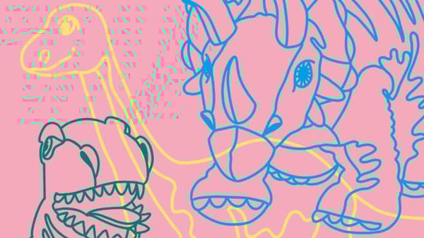 Green, yellow and blue JÄTTELIK dinosaur drawings on top of a pink background.