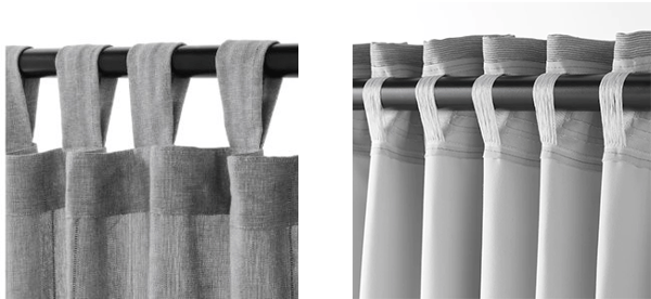 Grey curtains with (open and hidden) tabs 