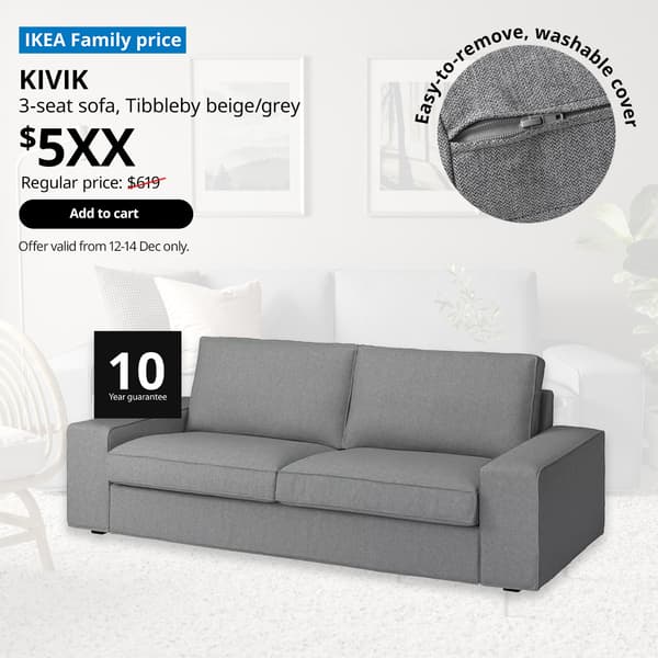 Grey KIVIK 3-seat sofa for living room, $519. 10 year guarantee included. Offer valid from 12-14 Dec 2025. IKEA 12.12 SALE 