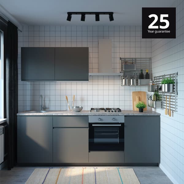 Grey METOD kitchen with 25 year guarantee logo.