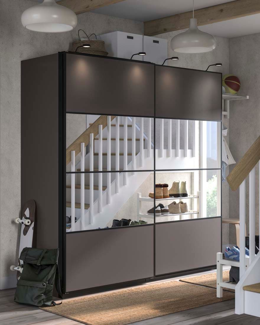 Grey sliding mirror door PAX wardrobe in hallway