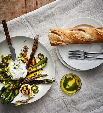 Grilled vegetables with burrata and herby rapeseed oil
