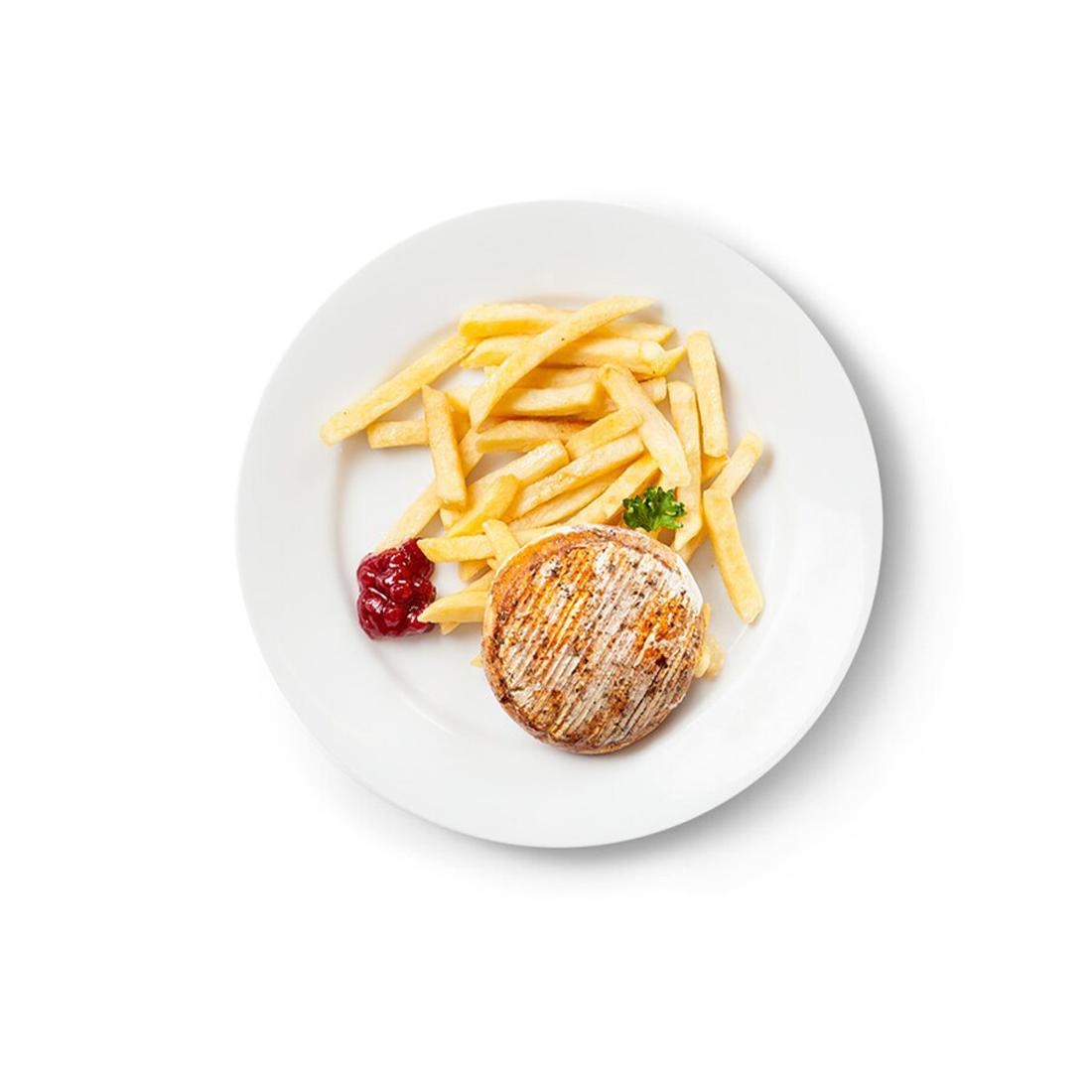 Grilovaný hermelín, hranolky.