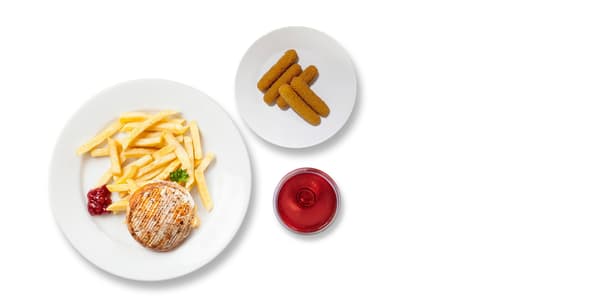 Grilovaný hermelín, hranolky, mozzarelové tyčinky a nápoj