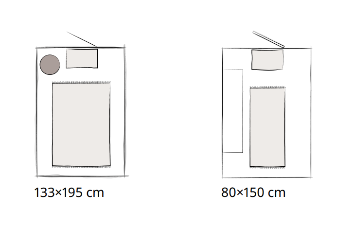 Größenvergleich von Flurteppichen: 133×195 cm und 80×150 cm, ideal für schmale Räume und Eingangsbereiche.