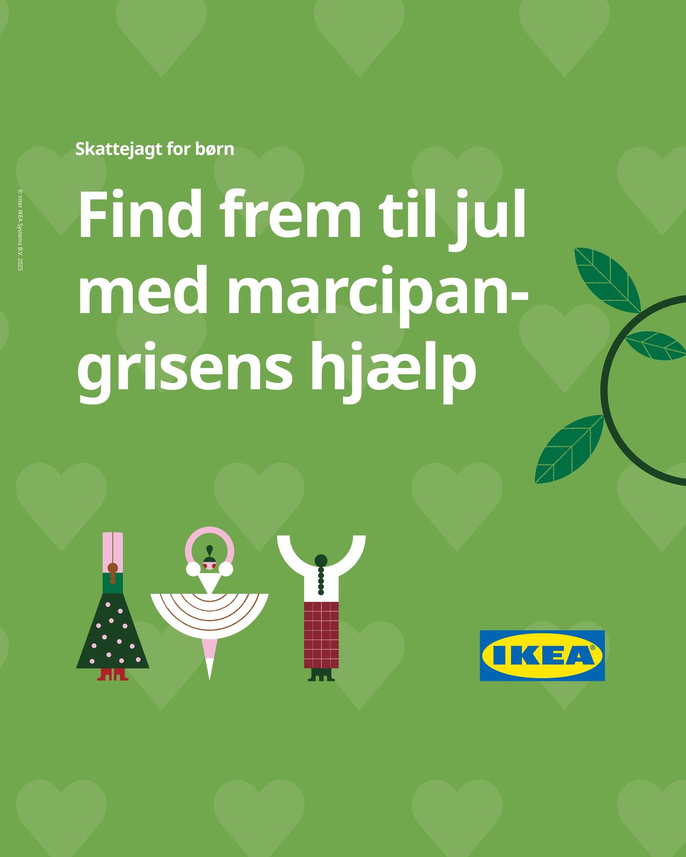 Grøn baggrund med hjerter og fine grafiske figurer der forestiller 2 mennesker og et juletræ