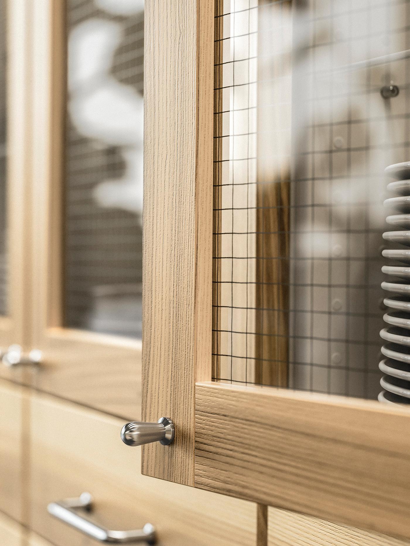 Gros plan d’une armoire avec une porte vitrée TORHAMN ouverte et un cadre en frêne naturel, utilisée pour ranger des assiettes.