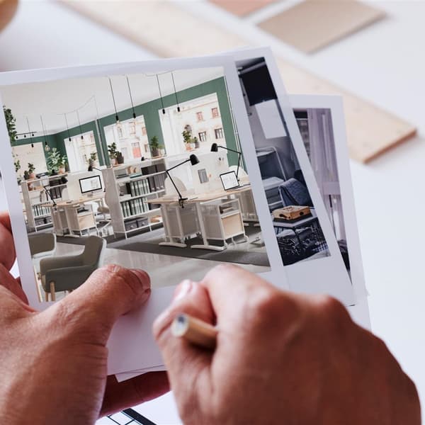 Gros plan sur une main avec des polaroïds de bureaux, dans l'autre main la personne tient un stylo.