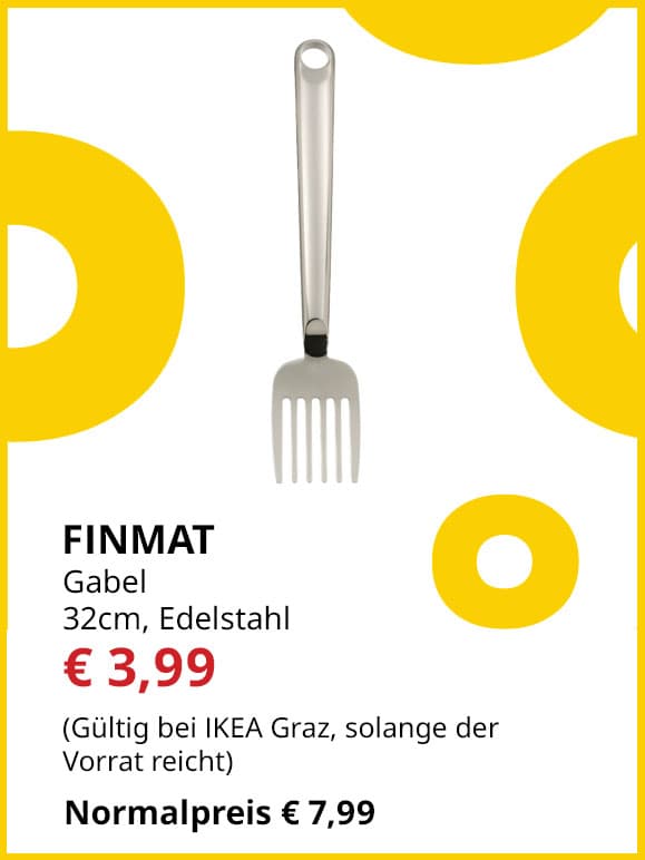 Große Gabel Finmat, 32 cm lang, Edelstahl, statt € 7,99 um € 3,99.