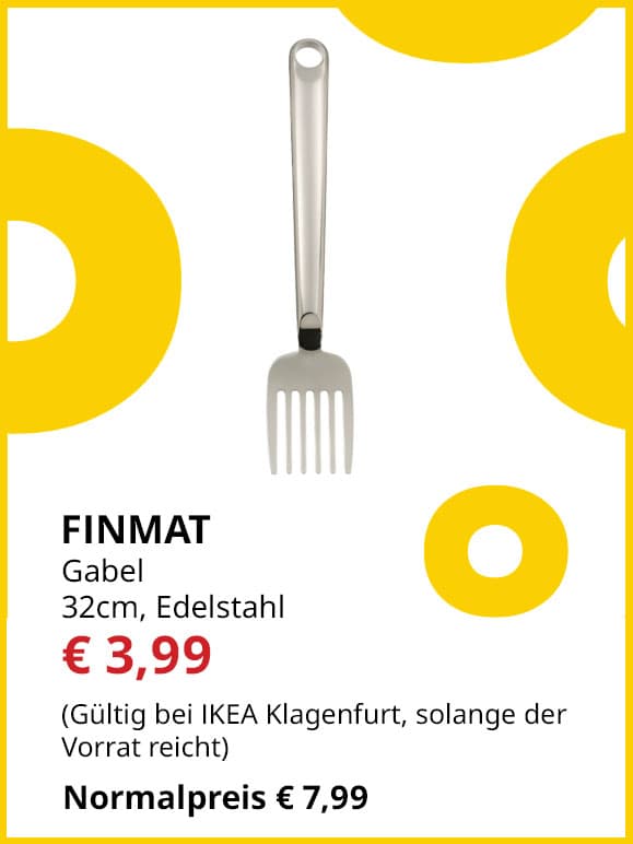 Große Gabel Finmat, 32 cm lang, Edelstahl, statt € 7,99 um € 3,99.