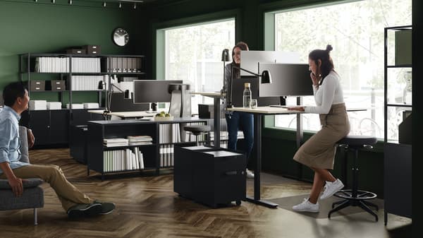 Group of people in different parts in ergonomic workspace