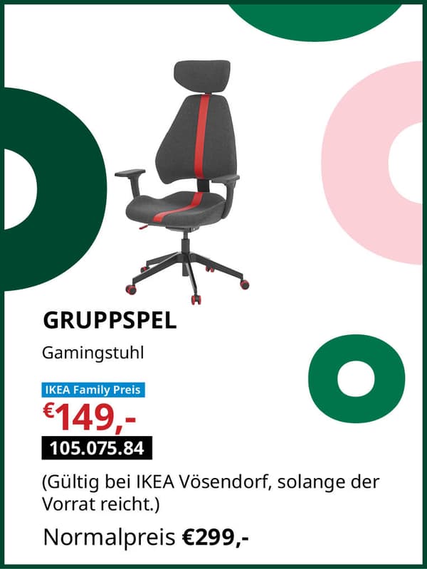 GRUPPSPEL Gamingstuhl statt € 299.- zum IKEA Family Preis von € 149,-