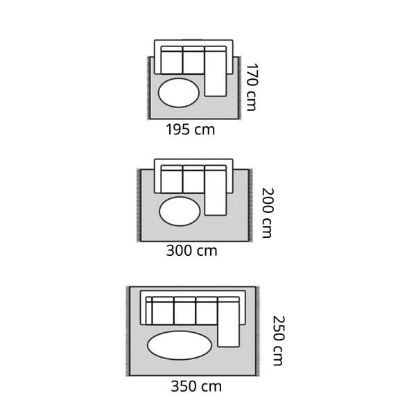 Guia de mides: 195×170 cm, 300×200 cm i 350×250 cm per a sofàs de 2 i 3 places amb chaise-longue.