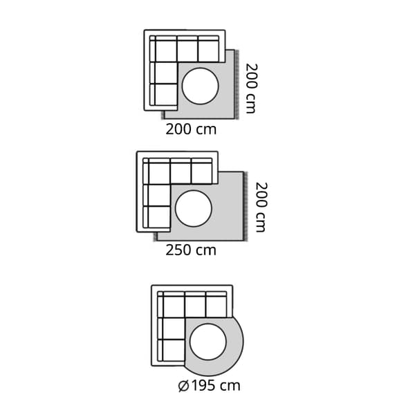 Guia de mides: 200×200 cm, 250×200 cm i 195 cm per a sofàs raconers.