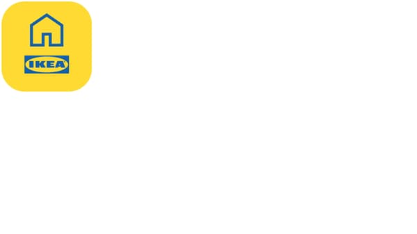Gul bakgrund med blå IKEA-text i oval form och blå huskontur ovanför. Bilden representerar IKEA Home Smart-appen.
