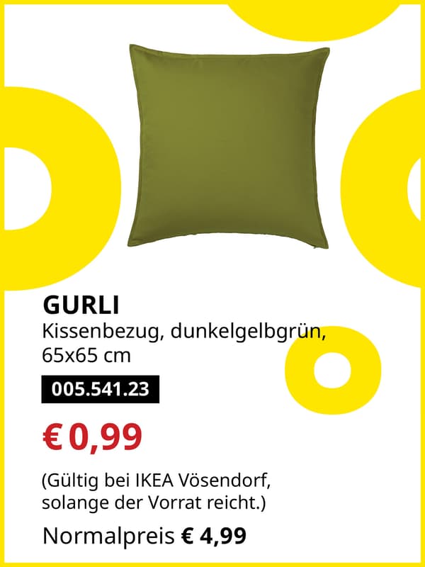 GURLI Kissenbezug, dunkelgelbgrün, 65x65cm statt € 4,99 zum IKEA Frühlingsangebots-Preis von € 0,99