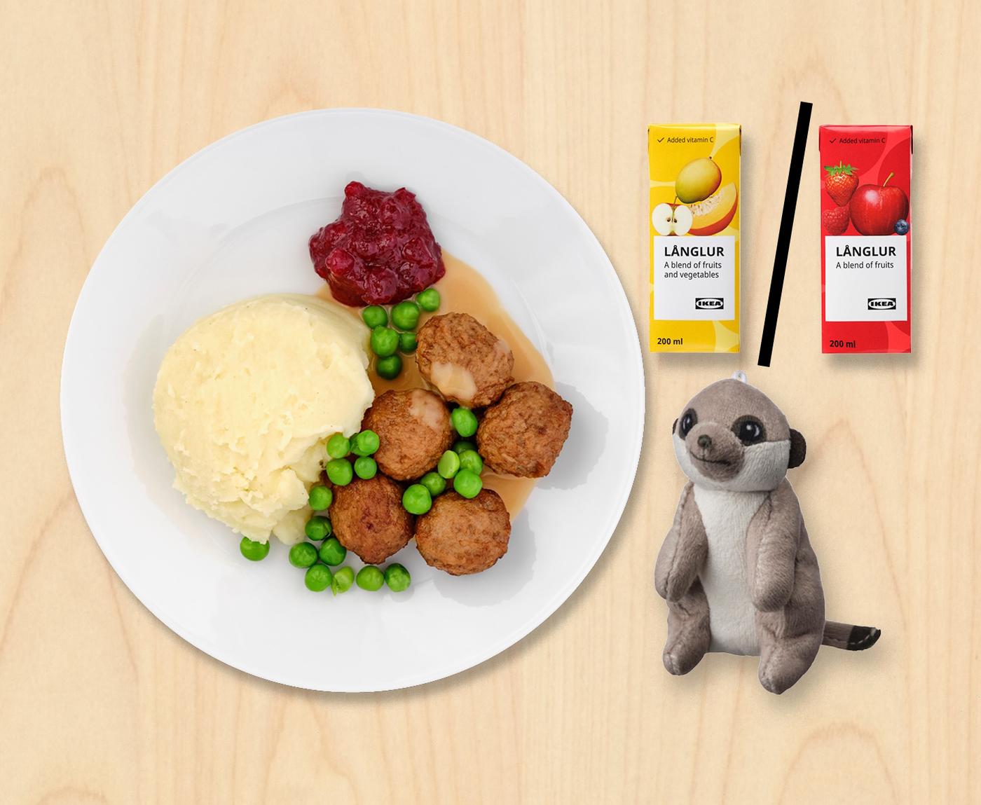 Gyerekmenü húsgolyókkal, krumplipürével, borsóval és áfonyalekvárral. Szurikáta játékfigura és kétféle smoothie közül választható.
