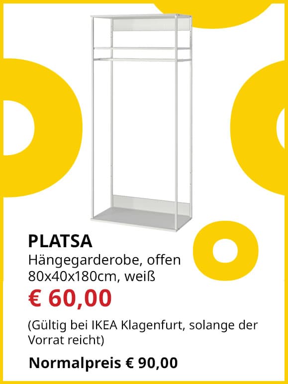 Hängegarderobe Platsa, 80x40x180, weiß, statt € 90 um € 60.