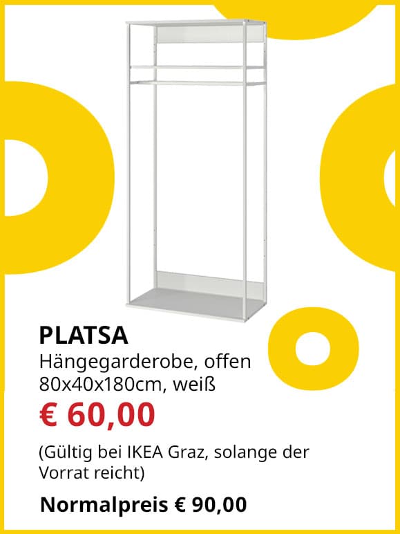 Hängegarderobe Platsa, 80x40x180, weiß, statt € 90 um € 60.
