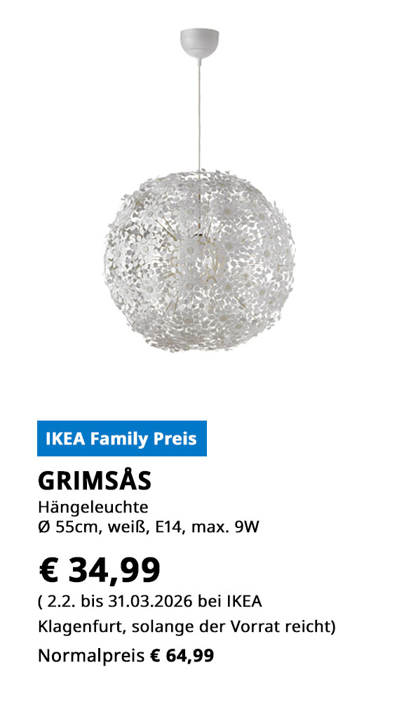 Hängeleuchte Grimsås, Durchmesser 55cm, weiß, E14, maximal 9 Watt, statt € 64,99 zum IKEA Family Preis von 34,99.