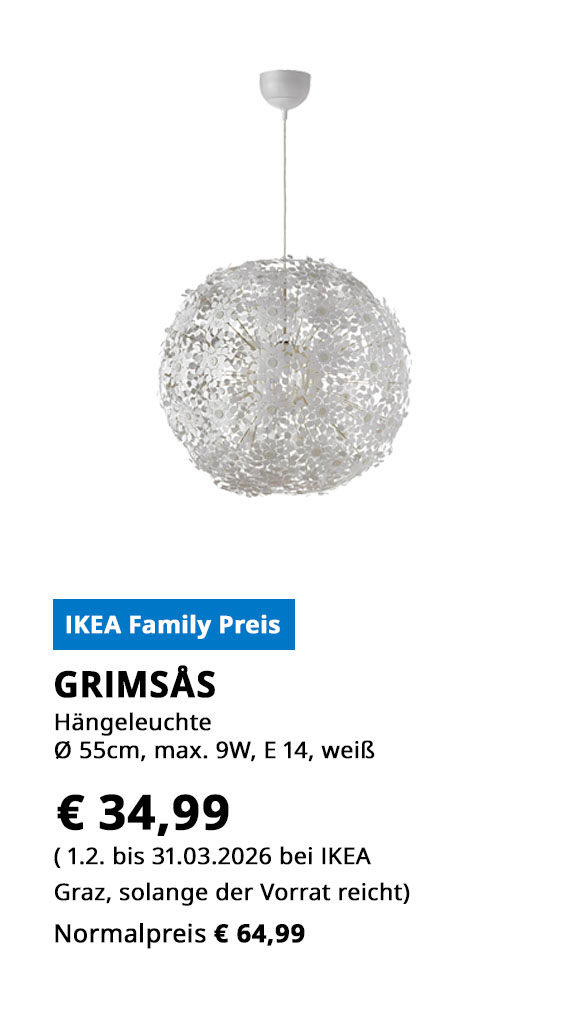 Hängeleuchte Grimsås, weiß, 55 cm Durchmesser, E14, max. 9 Watt, statt € 64,99 zum IKEA FAmily Preis von € 34,99.