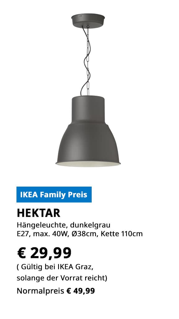 Hängeleuchte HEKTAR, dunkelgrau, E27, max 40 Watt, Kettenlänge 110cm, statt € 49,99 zum IKEA Family Preis von € 29,99.