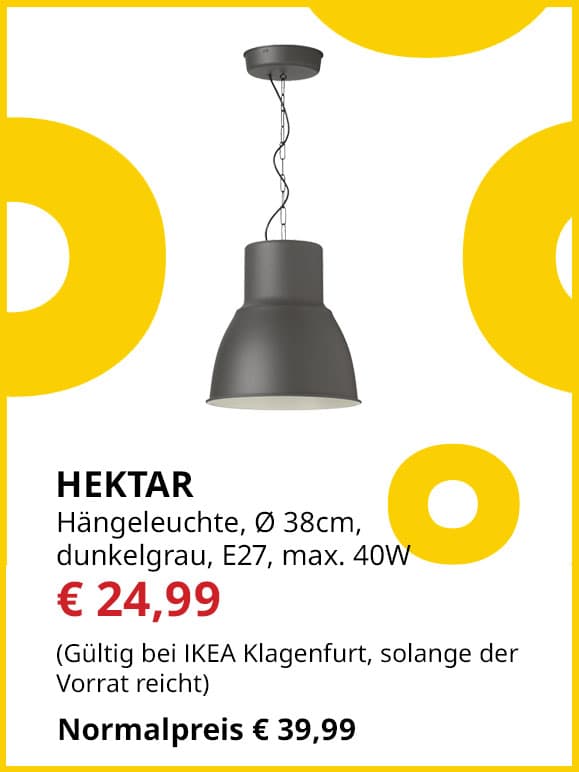 Hängeleuchte Hektar, Durchmesser 38 cm, dunkelgrau, E27, max, 40W, statt € 39,99 um € 24,99.