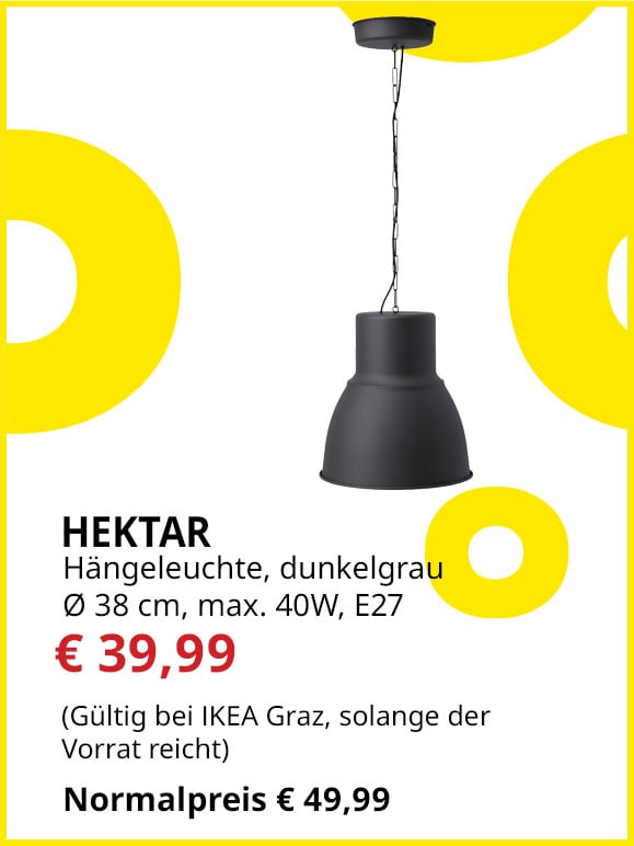 Hängeleuchte Hektar, Durchmesser 38cm, Kettenlänge 110cm, dunkelgrau, E27, max. 40W, statt €49,99 um € 39,99.