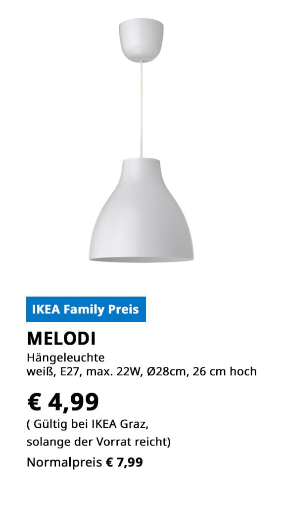 Hängeleuchte MELODI, weiß, E27, max. 22 W, statt € 7,99 zum IKEA Family Preis von  € 4,99.