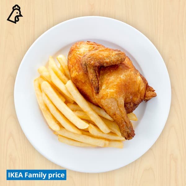 Half spring chicken with fries. Chicken food symbols in a black overlay image at the top left corner. blue tag with white text over image on bottom left corner that reads 