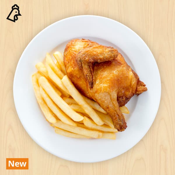 Half spring chicken with fries. Chicken food symbols in a black overlay image at the top left corner. Orange tag with white text over image on bottom left corner that reads 