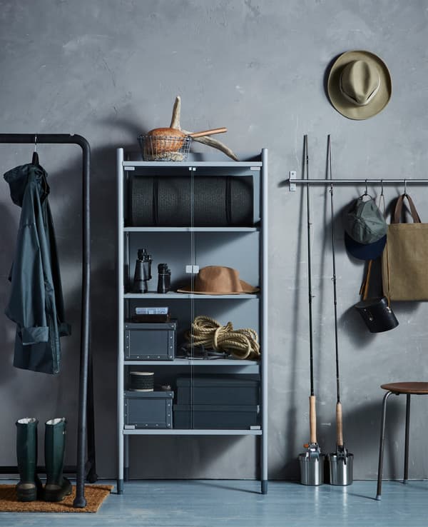 Hallway storage ideas, including a rack for hanging clothes, a rail for equipment, and an open shelf for storage.