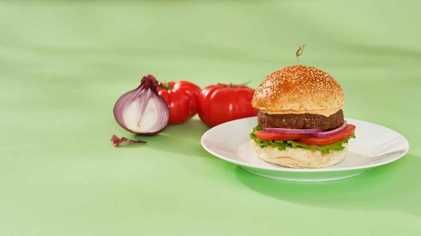 hamburger served on a white plate, with tomatoes and an onion on the side 