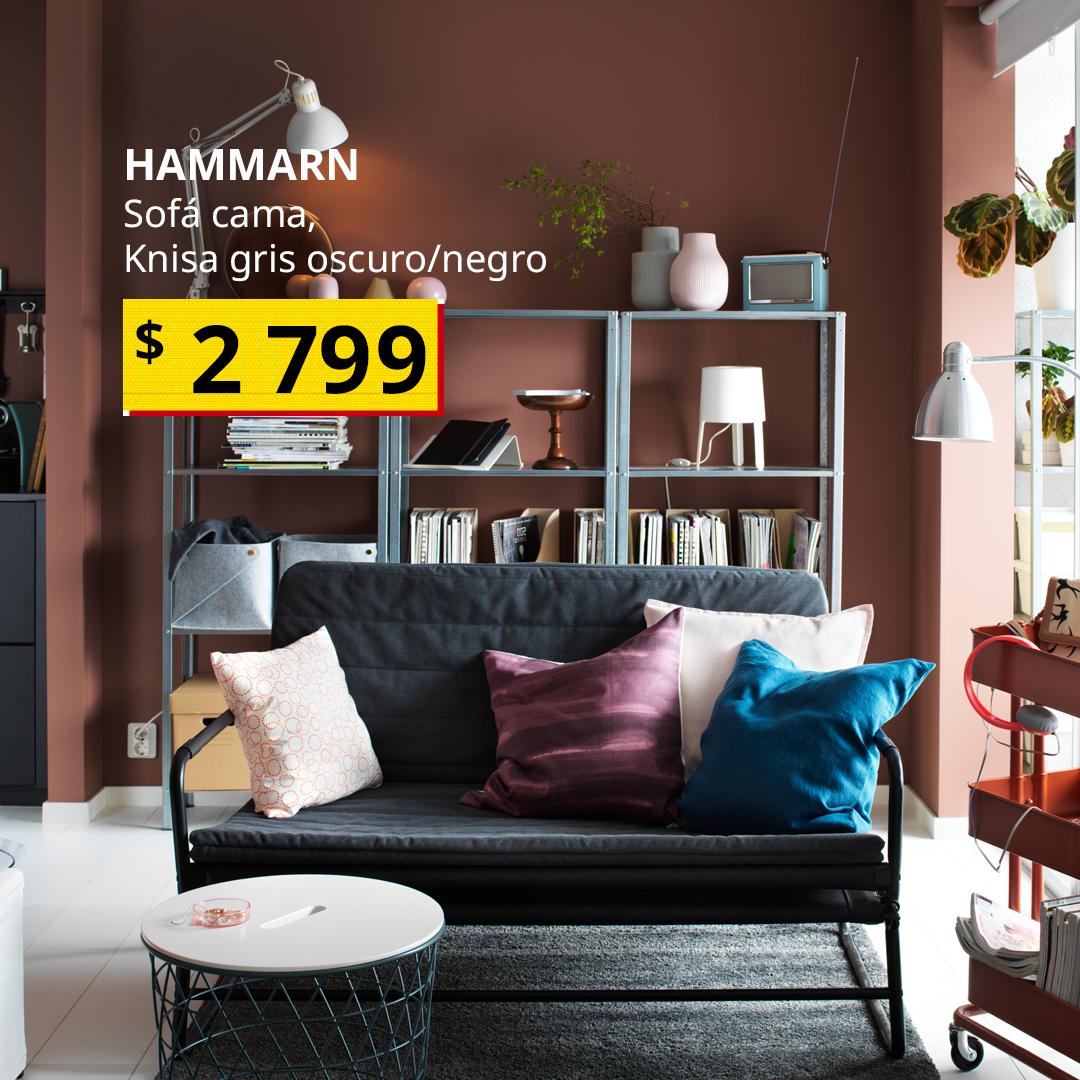 HAMMARN sofá cama gris oscuro/negro con diseño moderno y funcional, ideal para salas pequeñas o departamentos; incluye cojines coloridos y estructura ligera, perfecto para maximizar espacio y estilo en el hogar.
