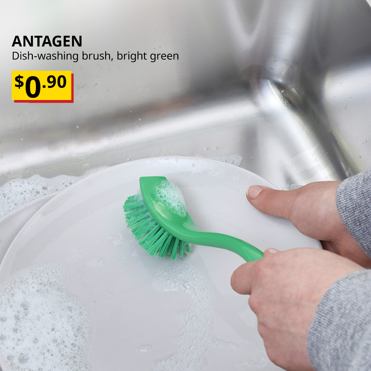Hand holding a white ANTAGEN dish-washing brush. Price: $1.