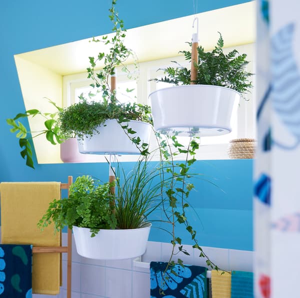 Hang IKEA BITTERGURKA white hanging planters in the bathroom and around the home for a vibrant touch. The bamboo pole in the middle of the planter makes it easy to stack multiple plant hangers vertically.
