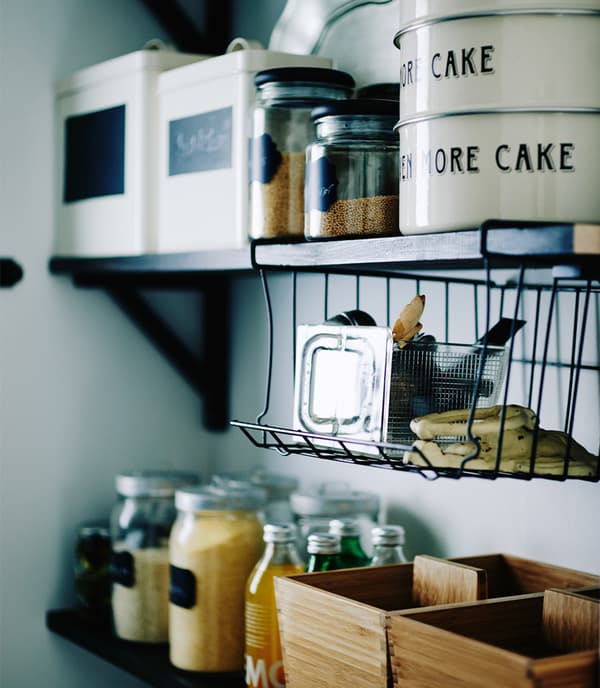 Hanging bathroom baskets work in small spaces.