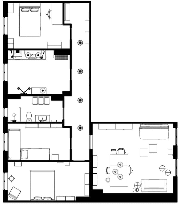 แปลนของอพาร์ตเมนต์แบบอาศัยร่วมกัน สร้างโดยนักออกแบบภายใน Hans Blomquist