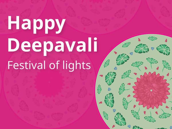 Happy Deepavali, festival of lights image on a pink background with a rangoli art from IKEA