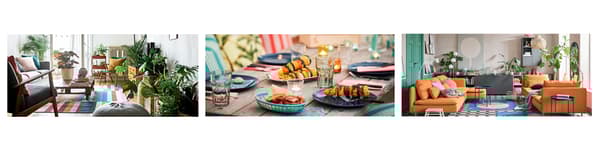 Három kép, amelyen élénk színvilágú nappali és étkező van.