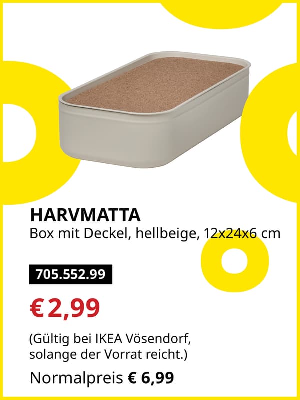 HARVMATTA Box mit Deckel, hellbeige, 12x24x6 cm statt € 6,99 zum IKEA Frühlingsangebots-Preis von € 2,99