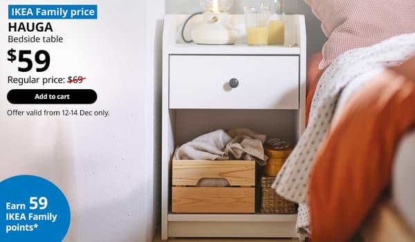 HAUGA bedside table, white, 40x36 cm. $59, IKEA Family price. Offer valid from 12-14 Dec 2025. IKEA 12.12 SALE.