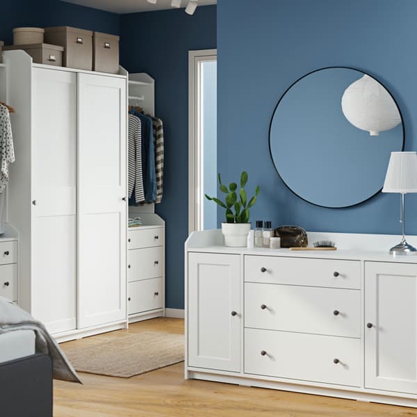HAUGA large wardrobe in white with sliding doors and HAUGA 6-drawer dresser.
