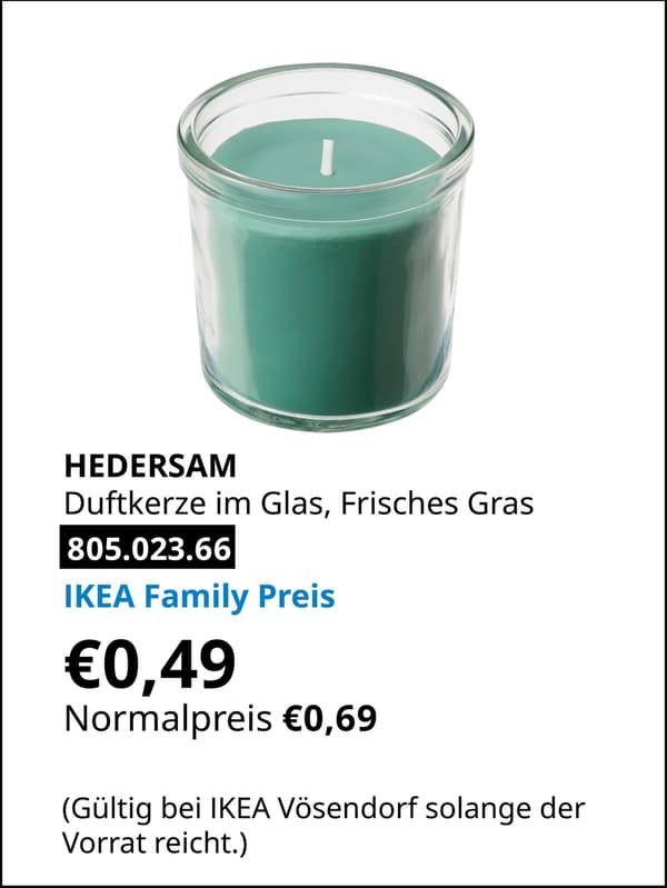 HEDERSAM Duftkerze im Glas, Frisches Gras/hellgrün, 20 Stunden statt € 0,69 zum IKEA Family Preis von € 0,49