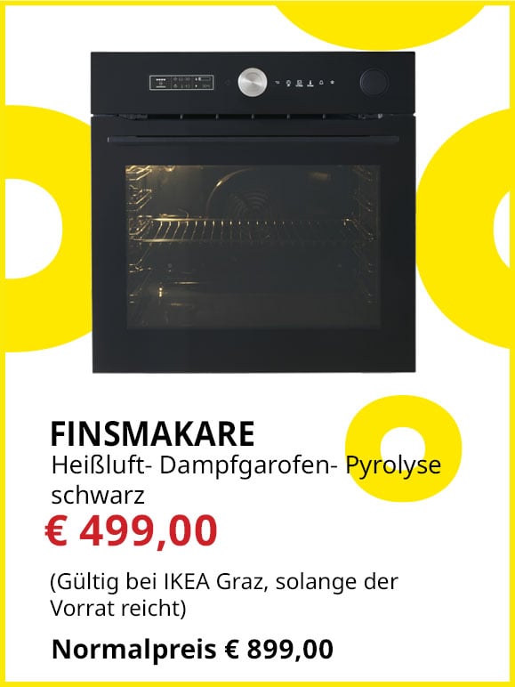 Heißluftofen Dampfgar- +Pyrolyse Finsmakare, 60cm breit, schwarz, Statt €899 um €499.